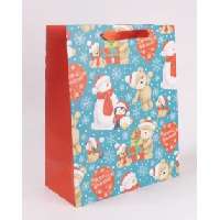 AJÁNDÉKTASAK, KARÁCSONYI, 26X32CM, ÁLLATOK MIKULÁS SAPKÁBAN