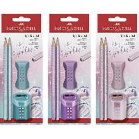 CERUZA SZETT ISKOLAI FABER CASTELL, 2DB-OS HB CERUZA+RADÍR, GYÖNGYHÁZFÉNYŰ METÁL RÓZSASZÍN.KÉK,LILA
