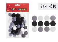 TEXTIL POM-PON, 2CM, 48DB/CSOM, FEKETE/FEHÉR/SZÜRKE