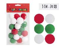 TEXTIL POM-PON, 3CM, 24DB/CSOM, PIROS/FEHÉR/ZÖLD