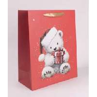 AJÁNDÉKTASAK, KARÁCSONYI, 26X32CM, MEDVE AJÁNDÉKKAL