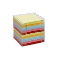 JEGYZETTÖMB, ÁTLÁTSZÓ MŰANYAGBAN, 700 LAP, 9,5X9,5 X9,5 CM, SZÍNES